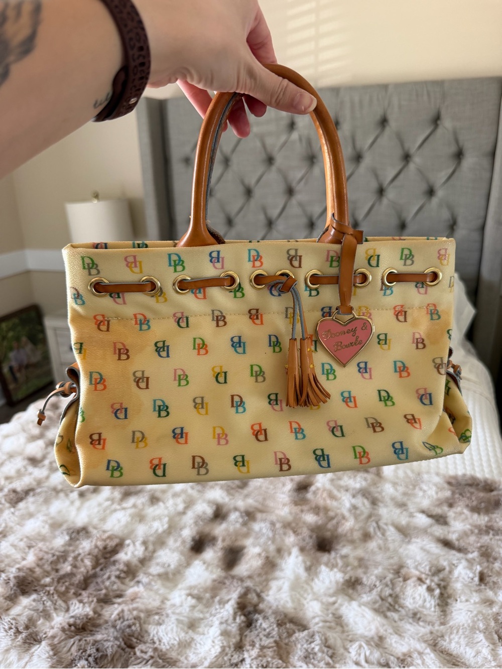 Dooney & Bourke Cream Multicolor Logo-Print Tote with Tan Trim - Picture 9 of 11